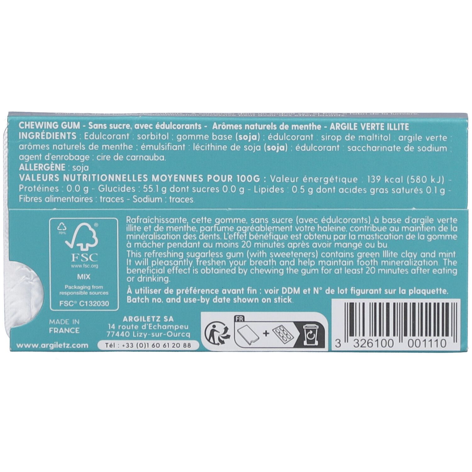 Argiletz Chewing-Gum Minéral Menthe & Argile Verte