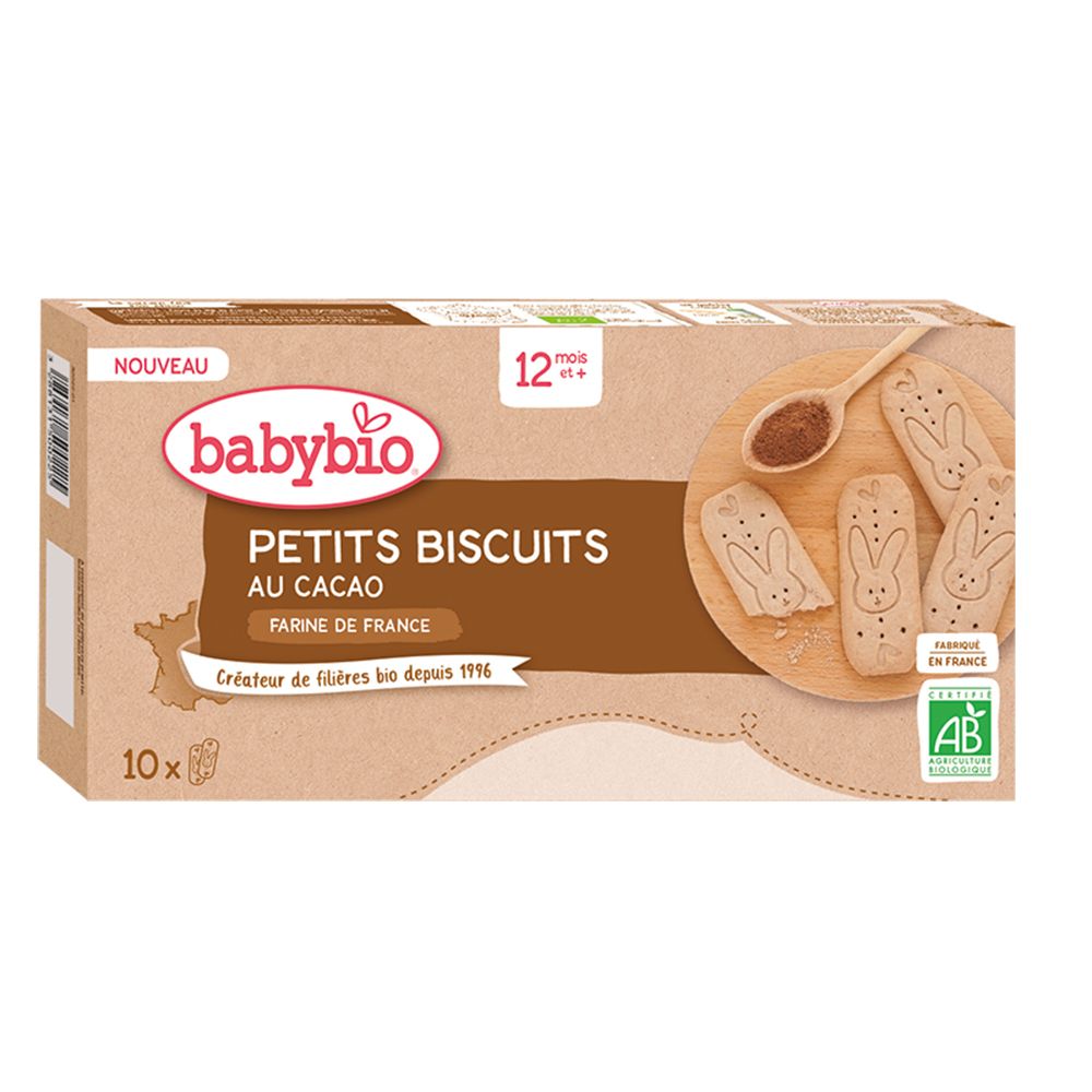 Boîte de Babybio Petits Biscuits au Cacao. Inscriptions: 12 mois+, 10x, logo AB, Farine de France. Biscuits en forme de lapin.