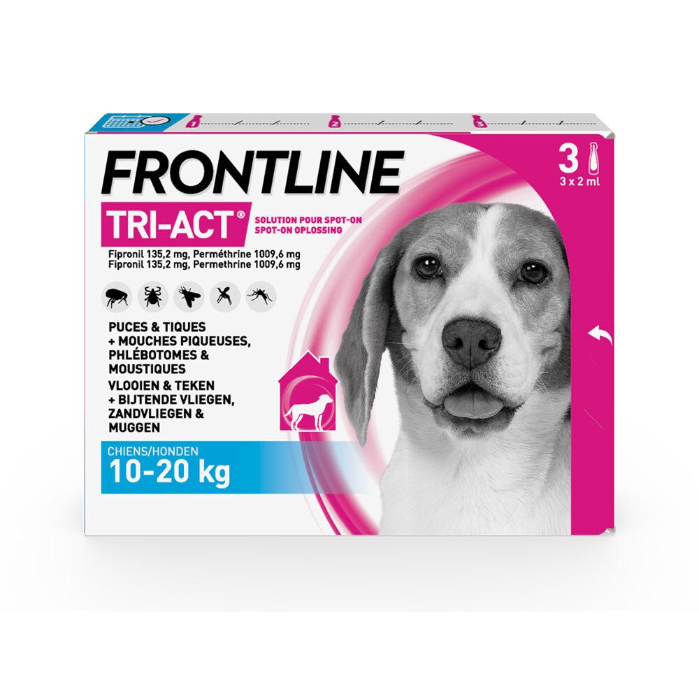 Boîte FRONTLINE TRI-ACT CHIEN. Contient 3 pipettes. Pour chiens 10-20 kg. Image d'un chien.