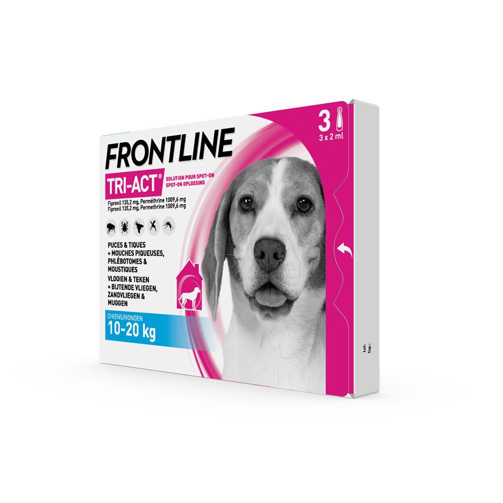 Boîte FRONTLINE TRI-ACT CHIEN. Contient 3 pipettes. Pour chiens 10-20 kg. Vue de côté.
