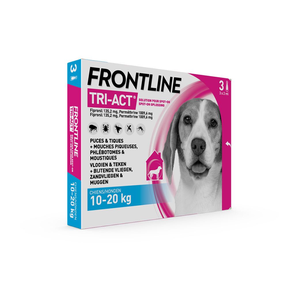 Boîte FRONTLINE TRI-ACT CHIEN. Contient 3 pipettes. Pour chiens 10-20 kg. Vue de côté.