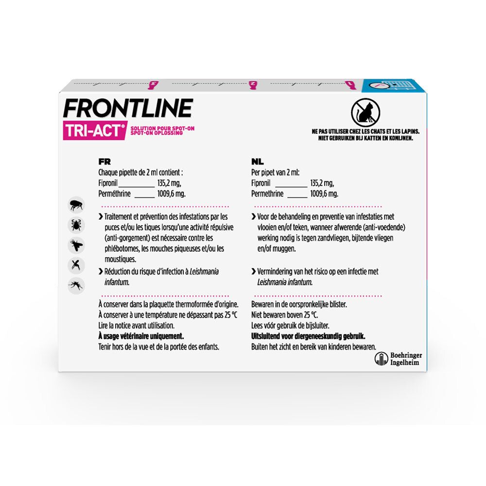 Dos de la boîte FRONTLINE TRI-ACT CHIEN. Contient des informations en français et en néerlandais.