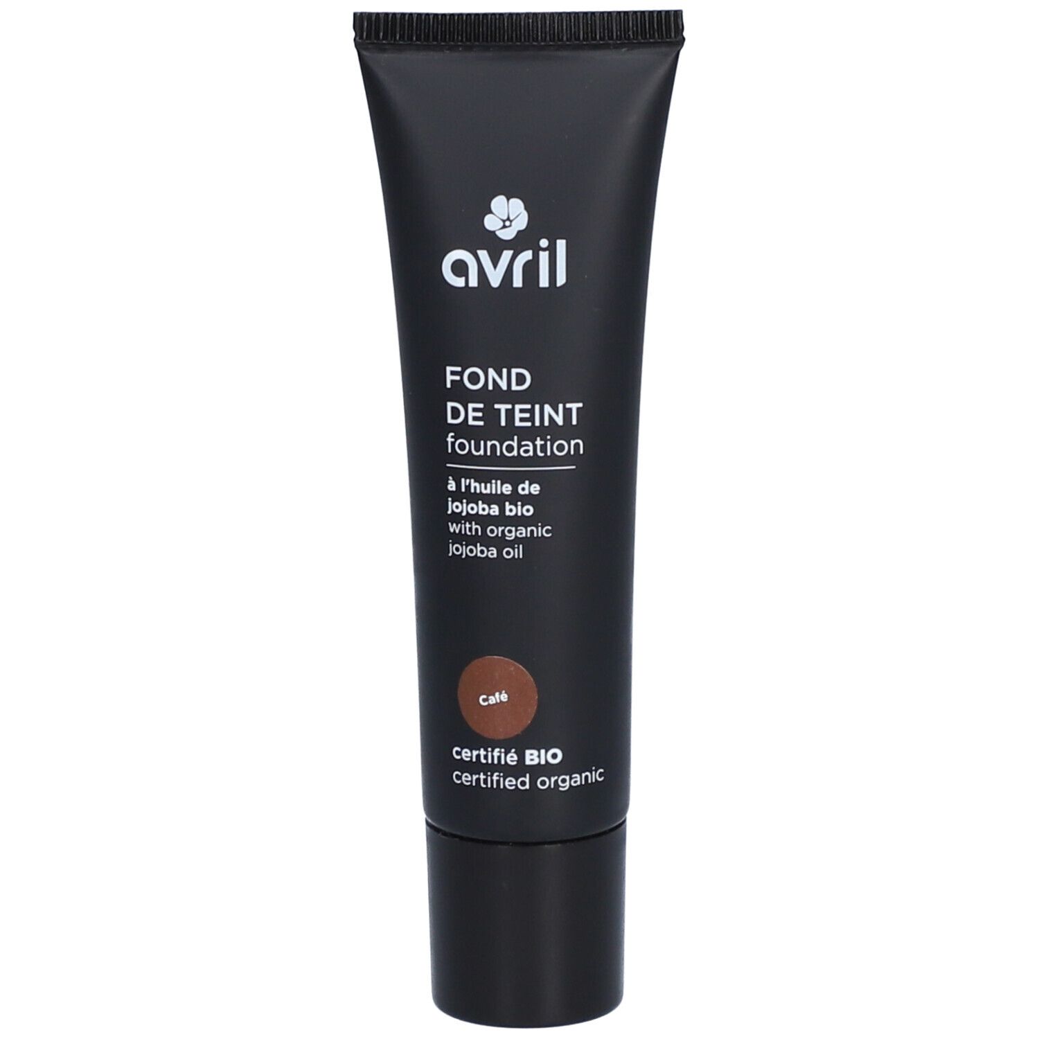 Tube de fond de teint noir. Inscription: Avril, Fond de Teint, Café. Certifié Bio.