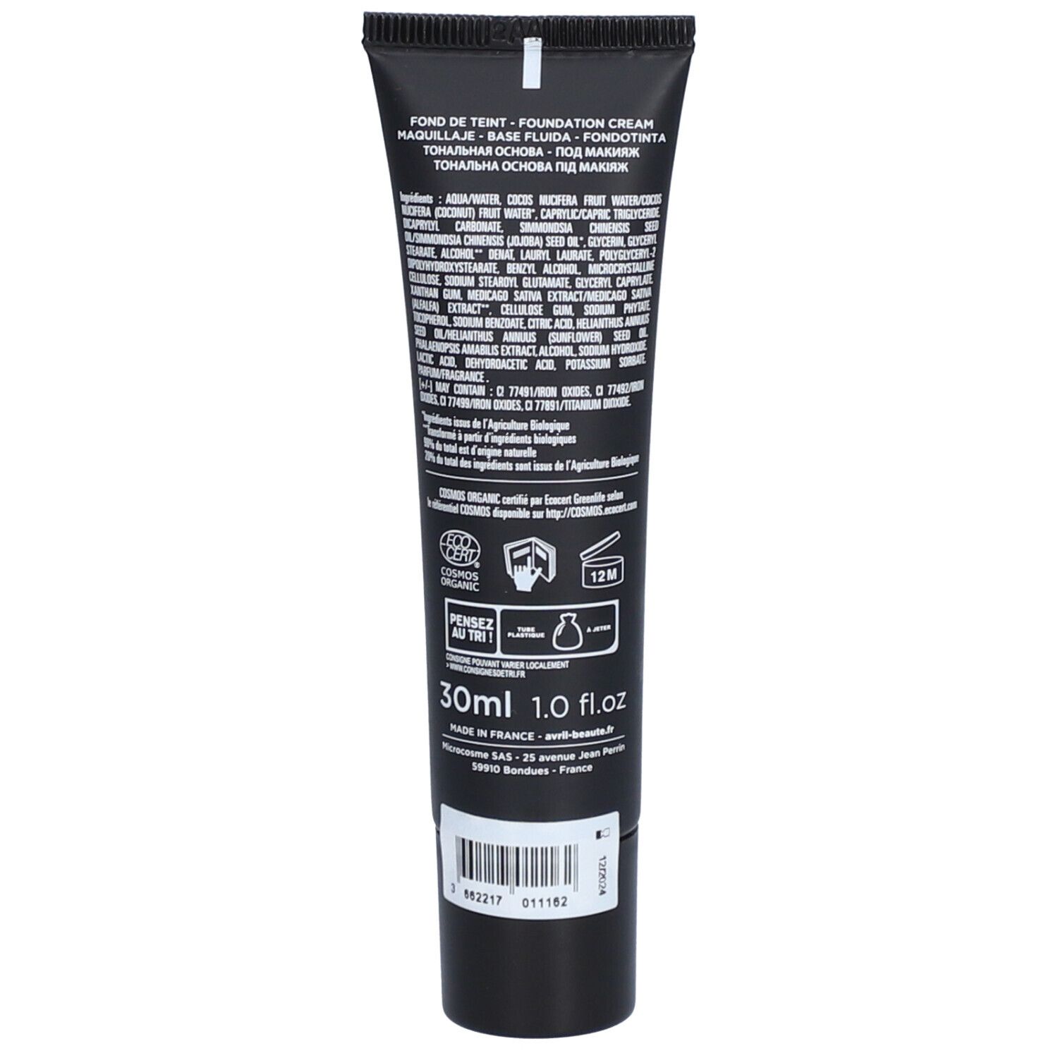 Dos du tube de fond de teint. Texte, ingrédients, certifications, 30ml, 1.0 fl.oz.
