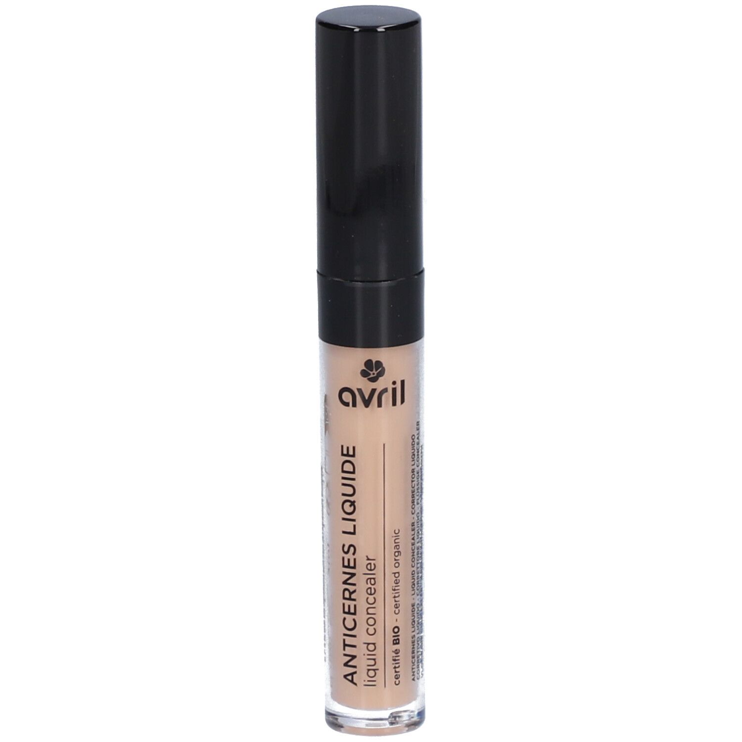 Correcteur liquide dans un flacon transparent avec bouchon noir. Inscription: AVRIL, ANTICERNES LIQUIDE, certified organic.