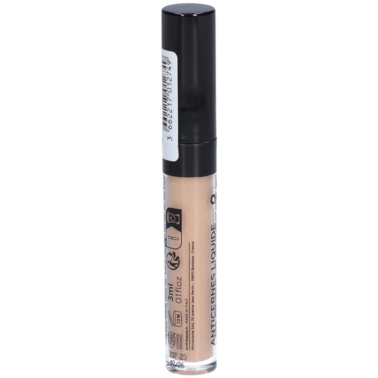 Correcteur liquide en flacon transparent avec bouchon noir. Autocollant avec code-barres et texte. Volume: 3ml.