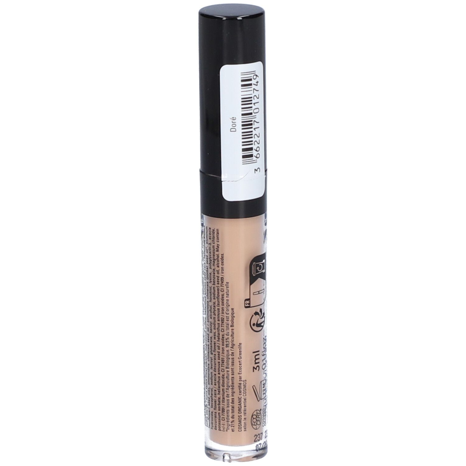 Correcteur liquide en flacon transparent avec bouchon noir. Autocollant avec code-barres et texte. Volume: 3ml.