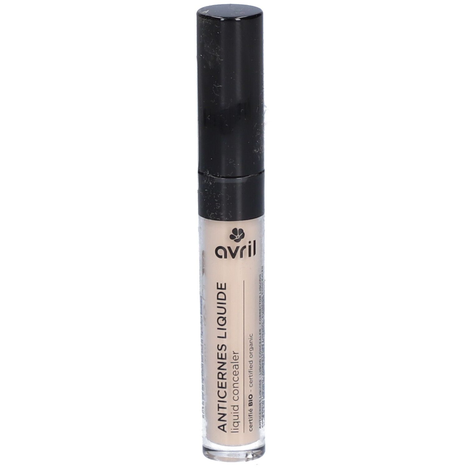 Correcteur liquide en tube transparent avec bouchon noir. Inscription: Anticernes Liquide, Avril. Produit bio certifié.