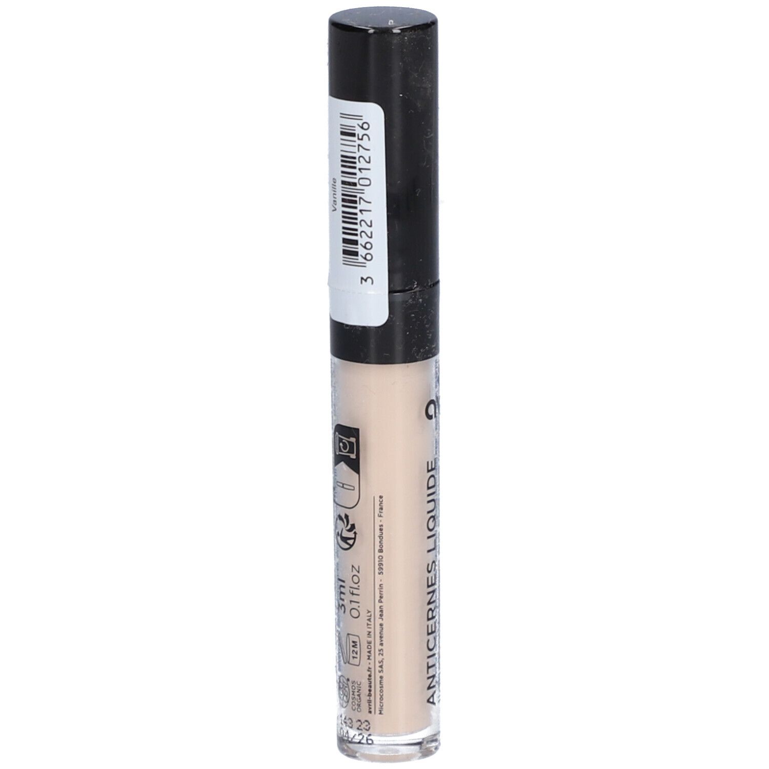 Correcteur liquide en tube transparent avec bouchon noir. Autocollant avec code-barres et informations produit. 3ml, 0.1 fl oz.