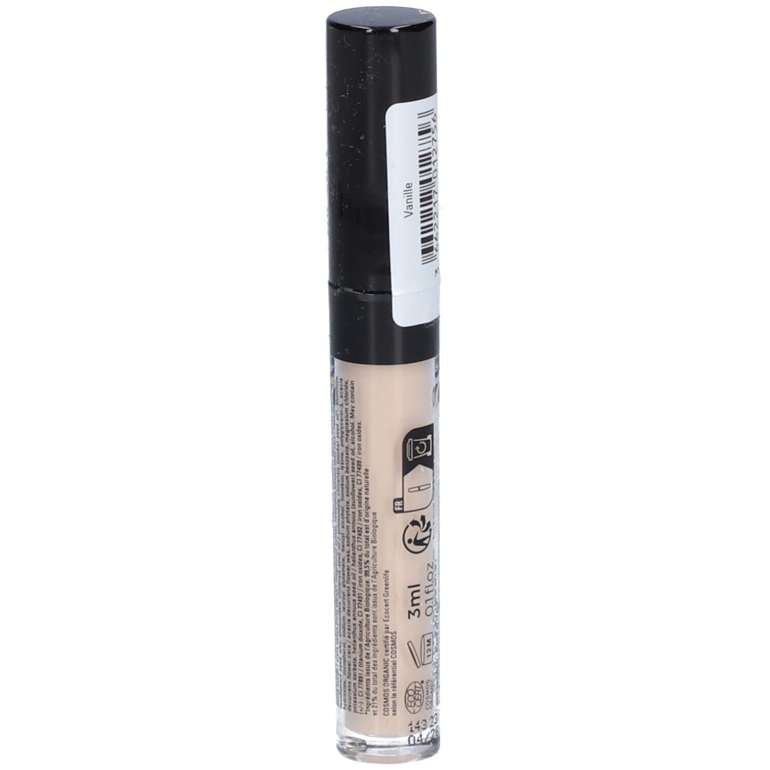 Correcteur liquide en tube transparent avec bouchon noir. Inscription: Vanille. 3ml, 0.1 fl oz. Certification bio.