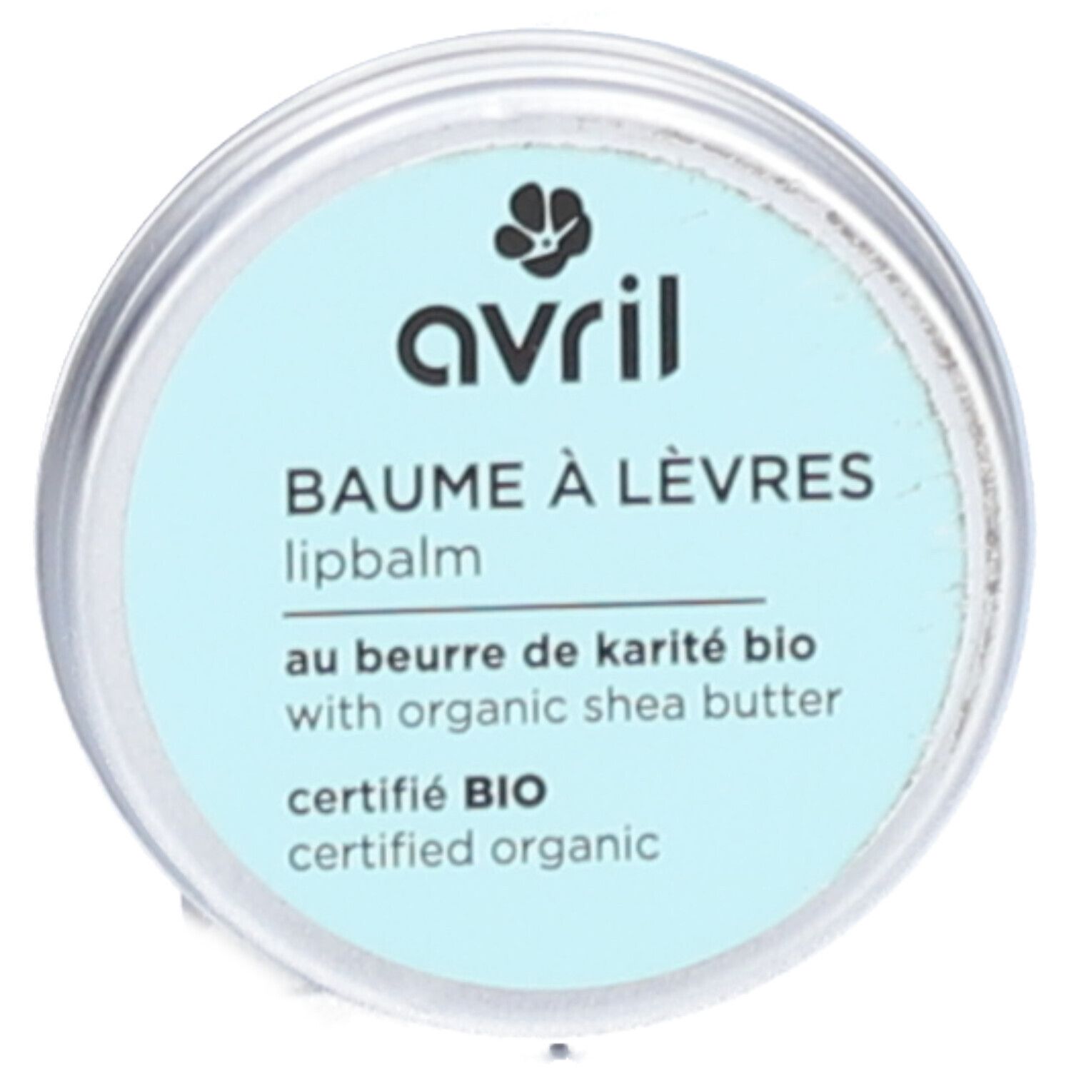 Pot rond, couvercle bleu clair. Inscription: Avril, Baume à Lèvres, lipbalm, au beurre de karité bio, certifié BIO.