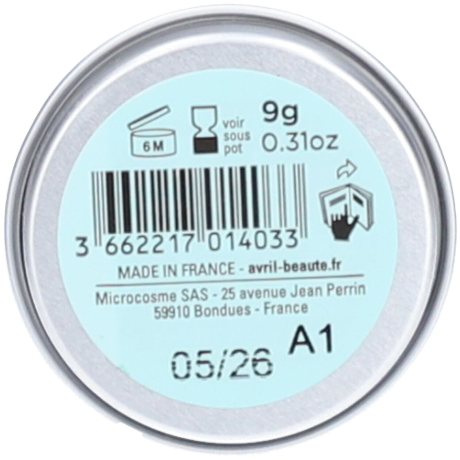 Dos du pot rond. Inscription: 9g, 0.31oz, code-barres, Made in France, avril-beaute.fr, 05/26, A1.
