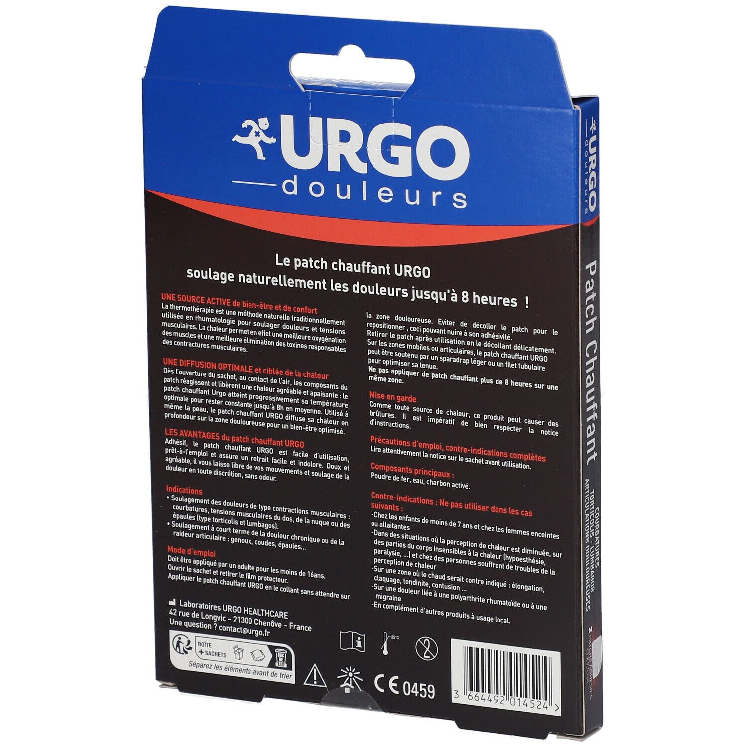 Dos de la boîte URGO Patch Chauffant. Informations textuelles et marquage CE. Couleurs bleu et blanc.