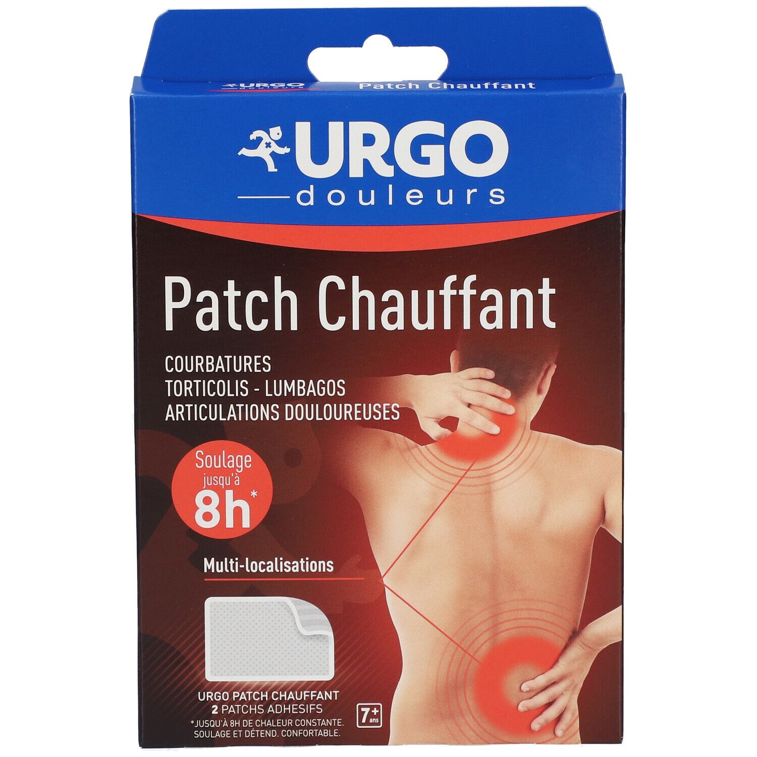 Boîte URGO Patch Chauffant. Face avant avec illustration d'un dos et points de douleur. Texte: Patch Chauffant, 8h.