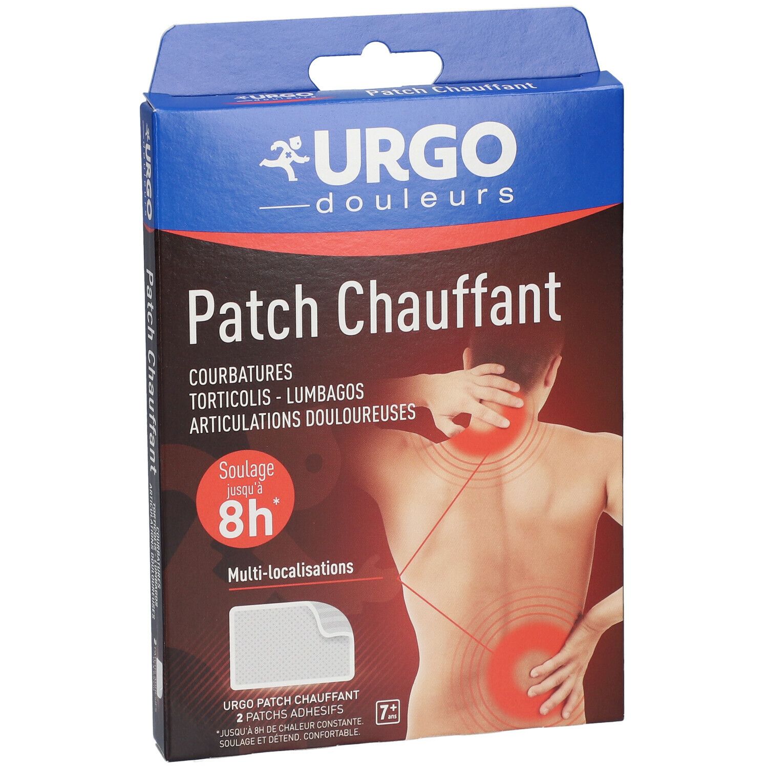 Boîte URGO Patch Chauffant. Face avant avec illustration d'un dos et points de douleur. Texte: Patch Chauffant, 8h.