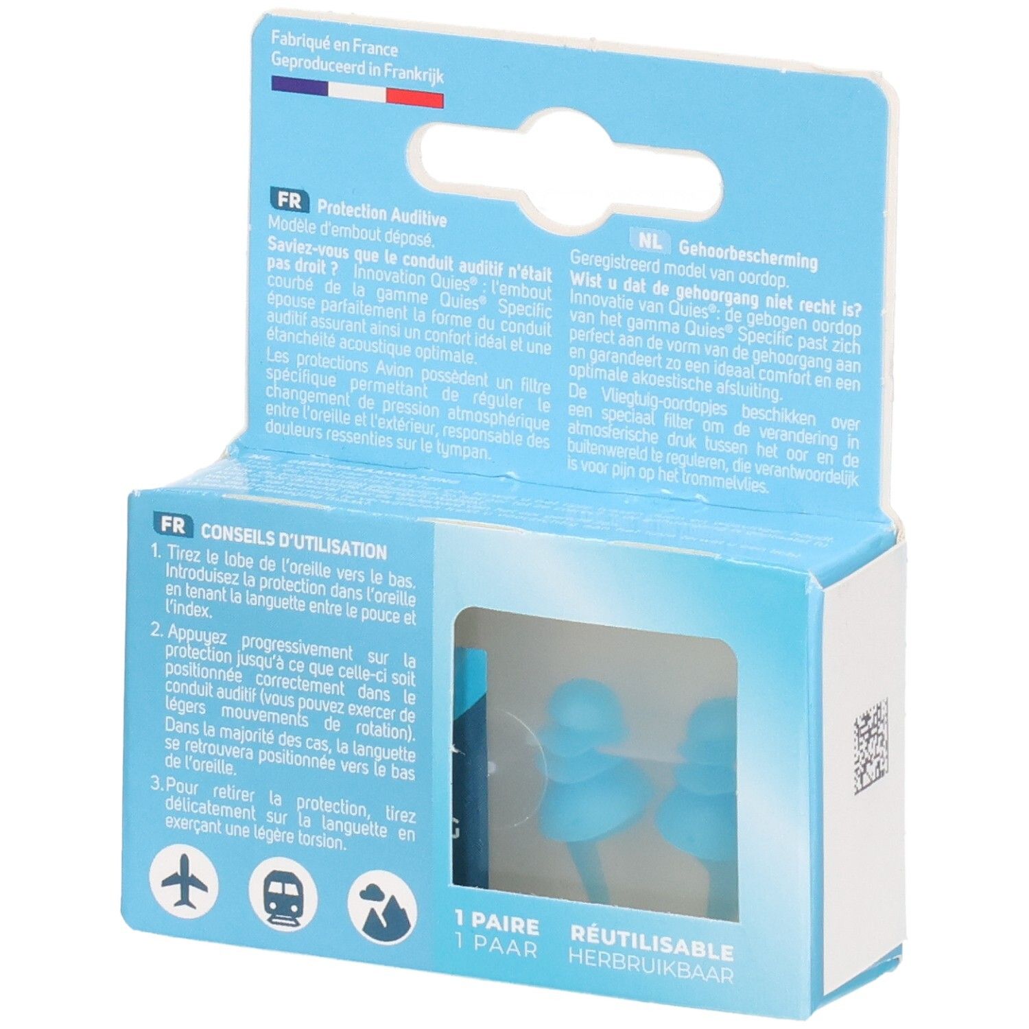 Emballage avec bouchons d'oreilles bleus, inscription "Quies Specific Avion".