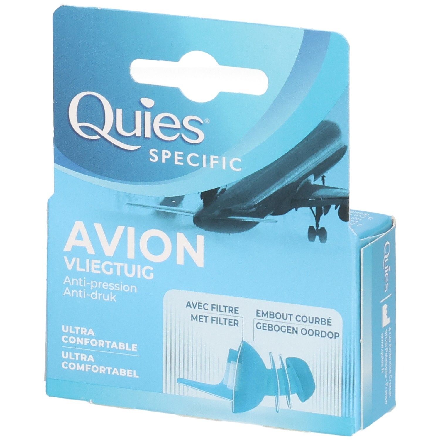Face avant de l'emballage pour bouchons d'oreilles "Quies Specific Avion" avec motif avion.