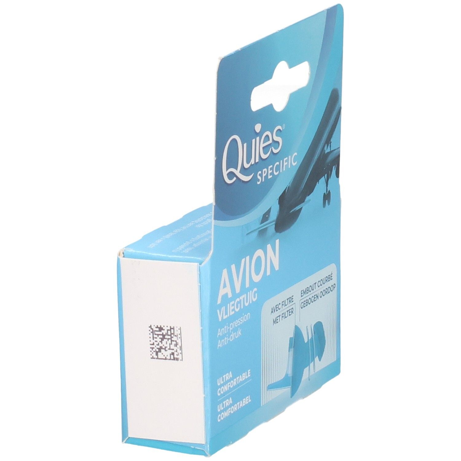 Vue latérale de l'emballage pour bouchons d'oreilles "Quies Specific Avion".