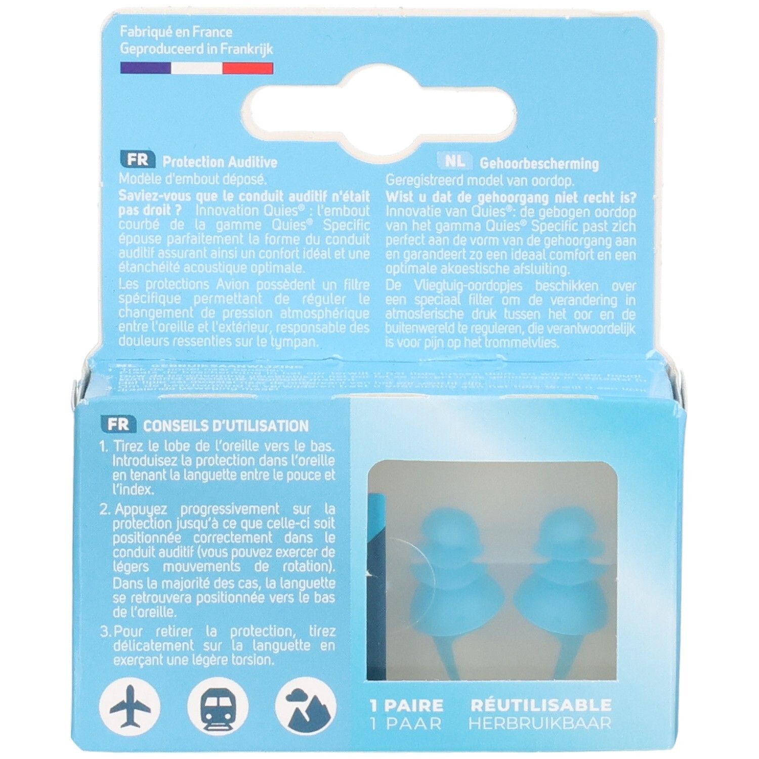 Arrière de l'emballage avec instructions d'utilisation pour bouchons d'oreilles bleus.