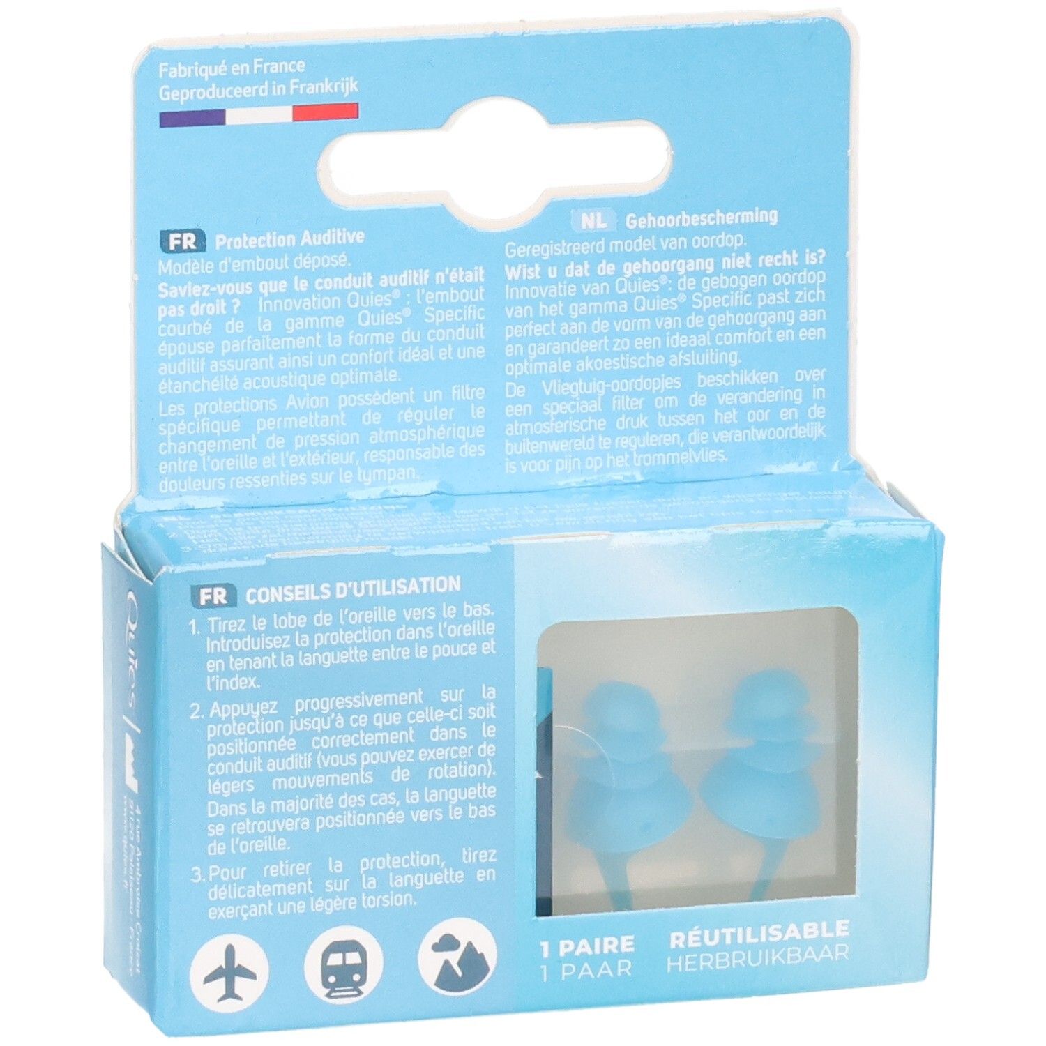 Emballage avec bouchons d'oreilles bleus, instructions et symboles de voyage.