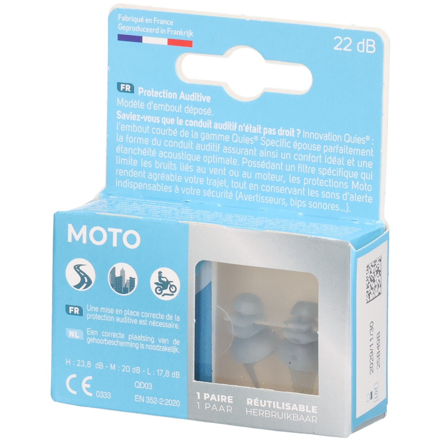 Boîte de bouchons d'oreilles Quies Specific Moto, atténuation 22 dB, réutilisables.