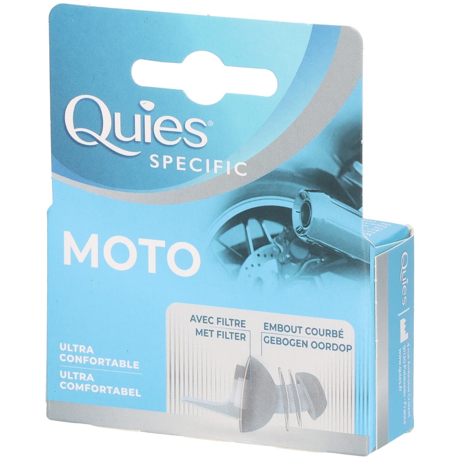 Boîte de bouchons d'oreilles Quies Specific Moto, ultra-confortable, avec filtre.
