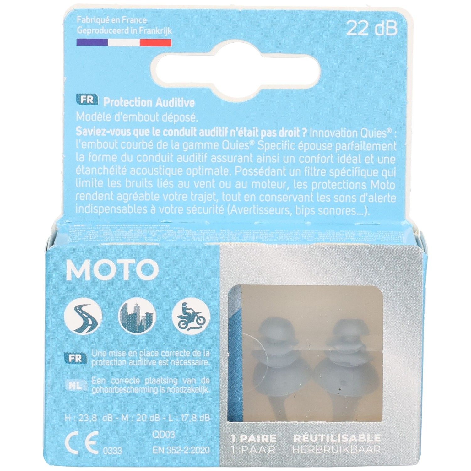 Boîte de bouchons d'oreilles Quies Specific Moto, atténuation 22 dB, marquage CE.
