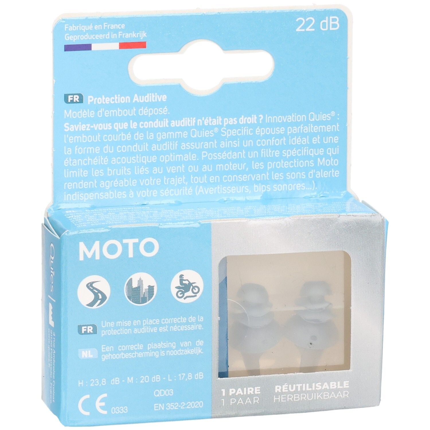 Boîte de bouchons d'oreilles Quies Specific Moto, atténuation 22 dB, marquage CE, 1 paire.