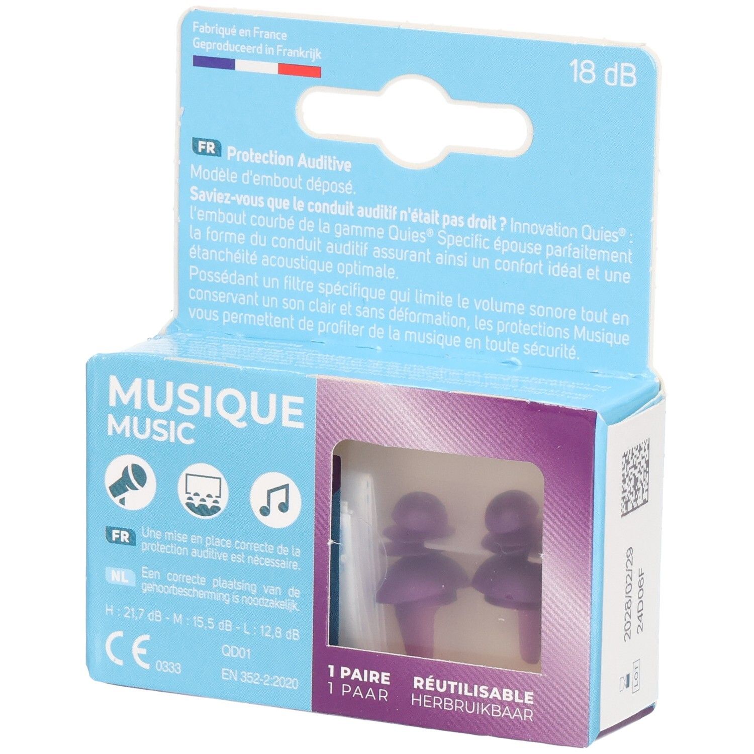 Boîte de deux bouchons d'oreilles réutilisables violets pour la musique.