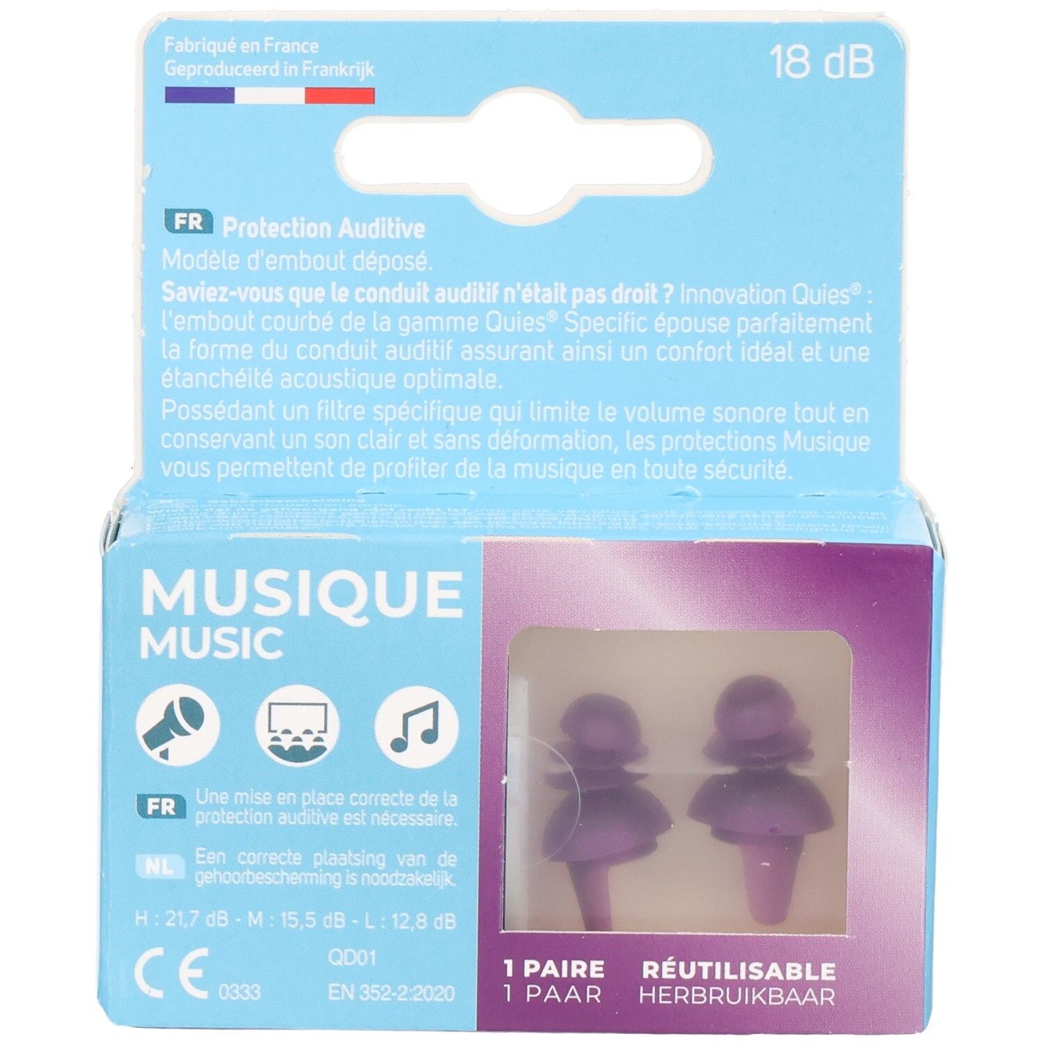 Boîte de deux bouchons d'oreilles réutilisables violets pour la musique.