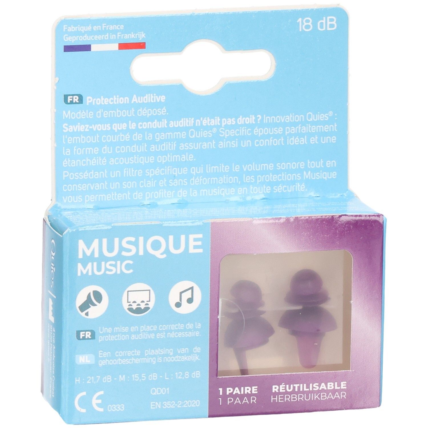 Boîte de deux bouchons d'oreilles réutilisables violets pour la musique.
