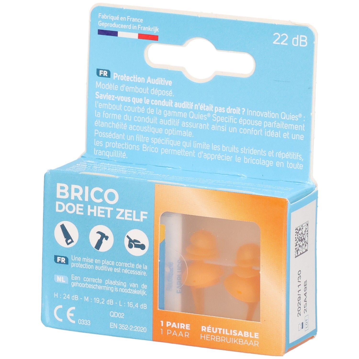 Emballage de deux bouchons d'oreilles réutilisables orange pour le bricolage.