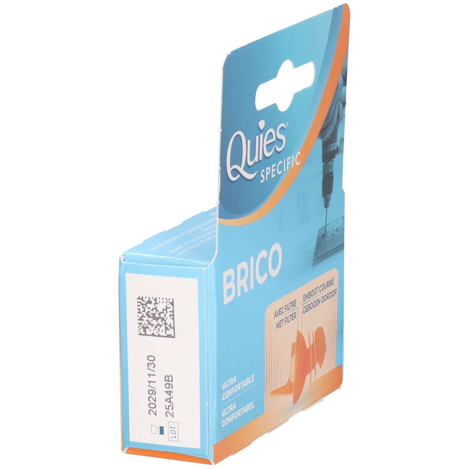 Vue latérale de l'emballage avec un bouchon d'oreille orange et informations produit.