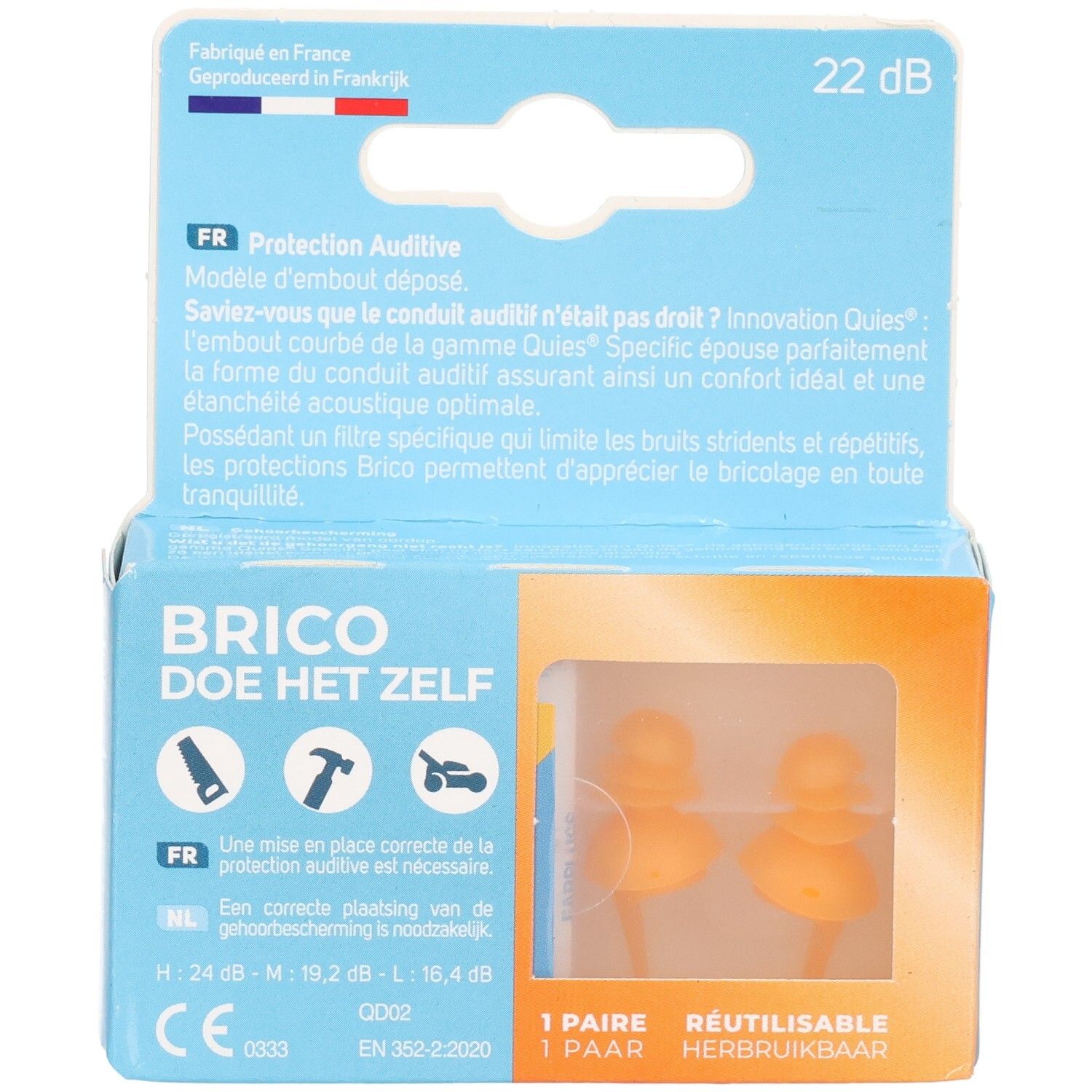 Emballage de deux bouchons d'oreilles réutilisables orange, indiquant 22 dB d'atténuation.