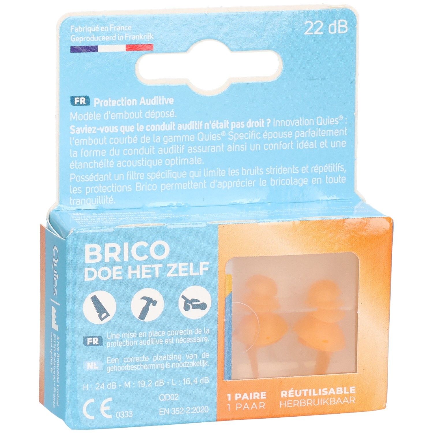 Emballage de deux bouchons d'oreilles réutilisables orange, indiquant 22 dB d'atténuation.