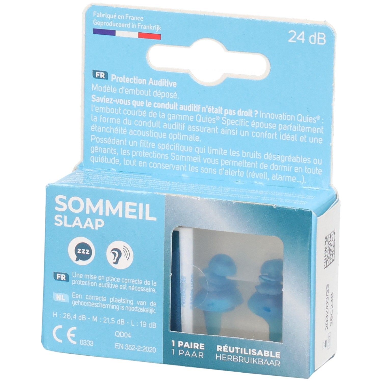 Emballage de deux bouchons d'oreilles bleus réutilisables pour le sommeil.