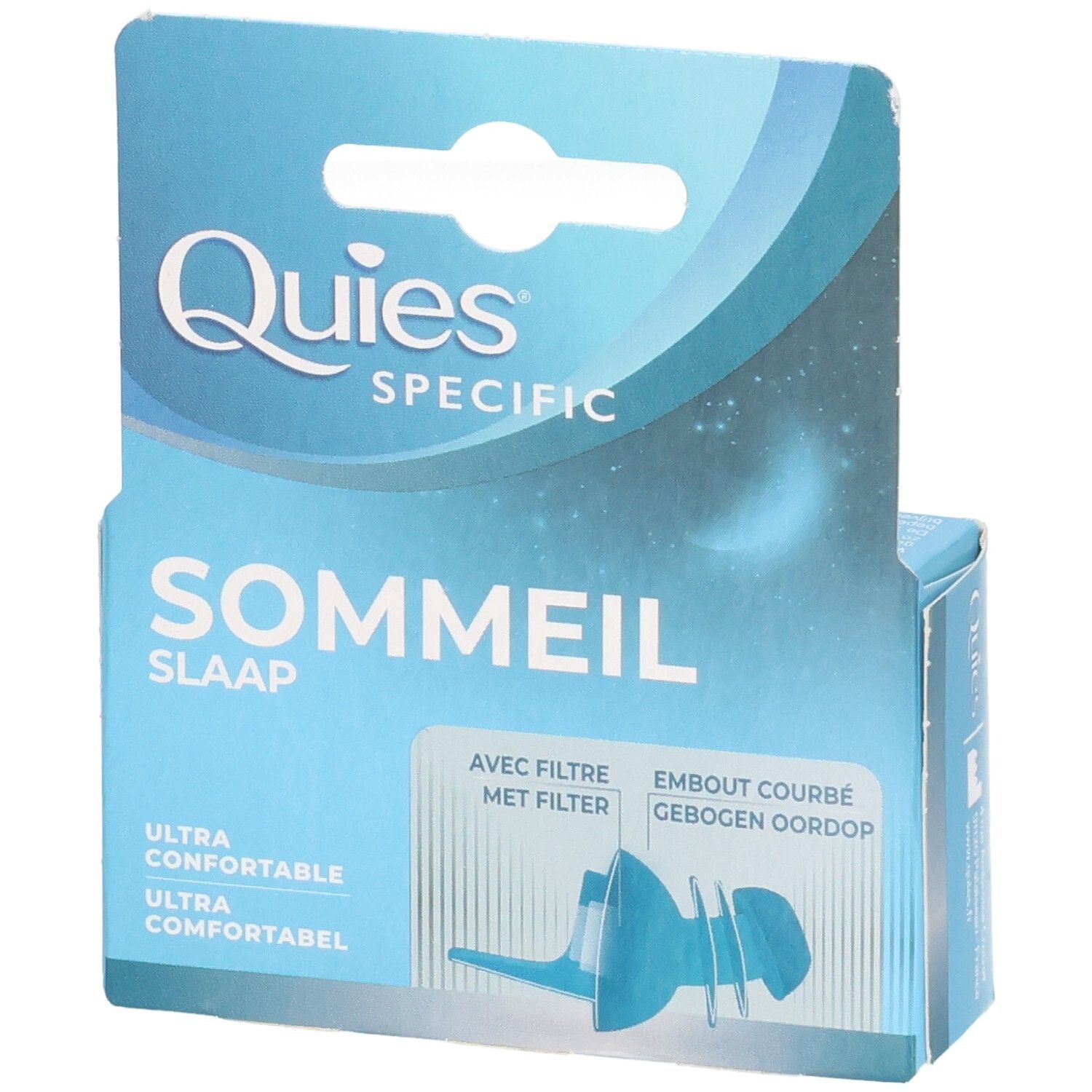 Face avant de l'emballage des bouchons d'oreilles Quies Specific Sommeil avec illustration.