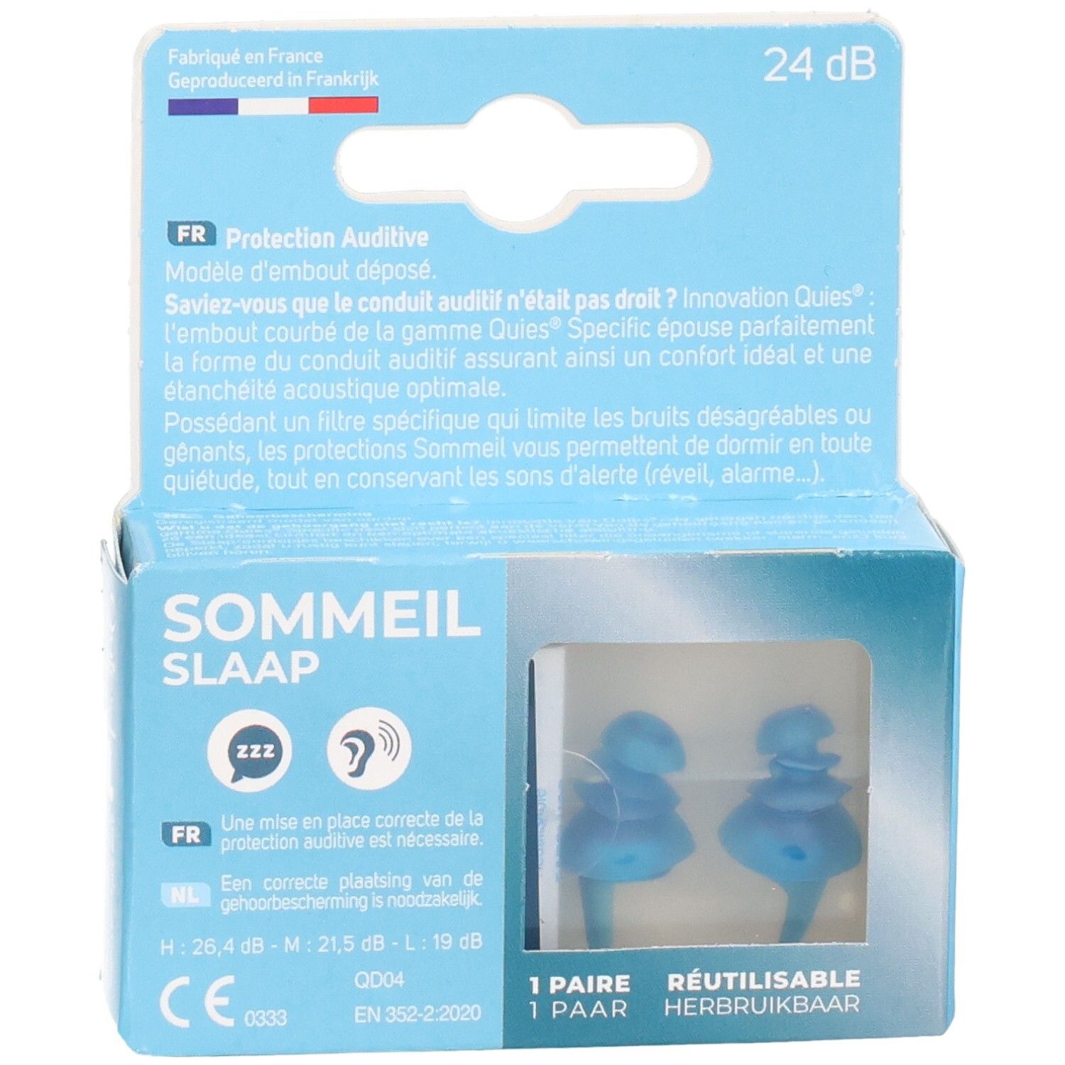 Emballage de deux bouchons d'oreilles bleus réutilisables pour le sommeil.