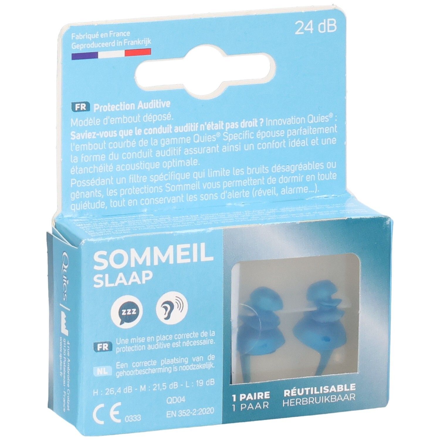 Emballage de deux bouchons d'oreilles bleus réutilisables pour le sommeil.