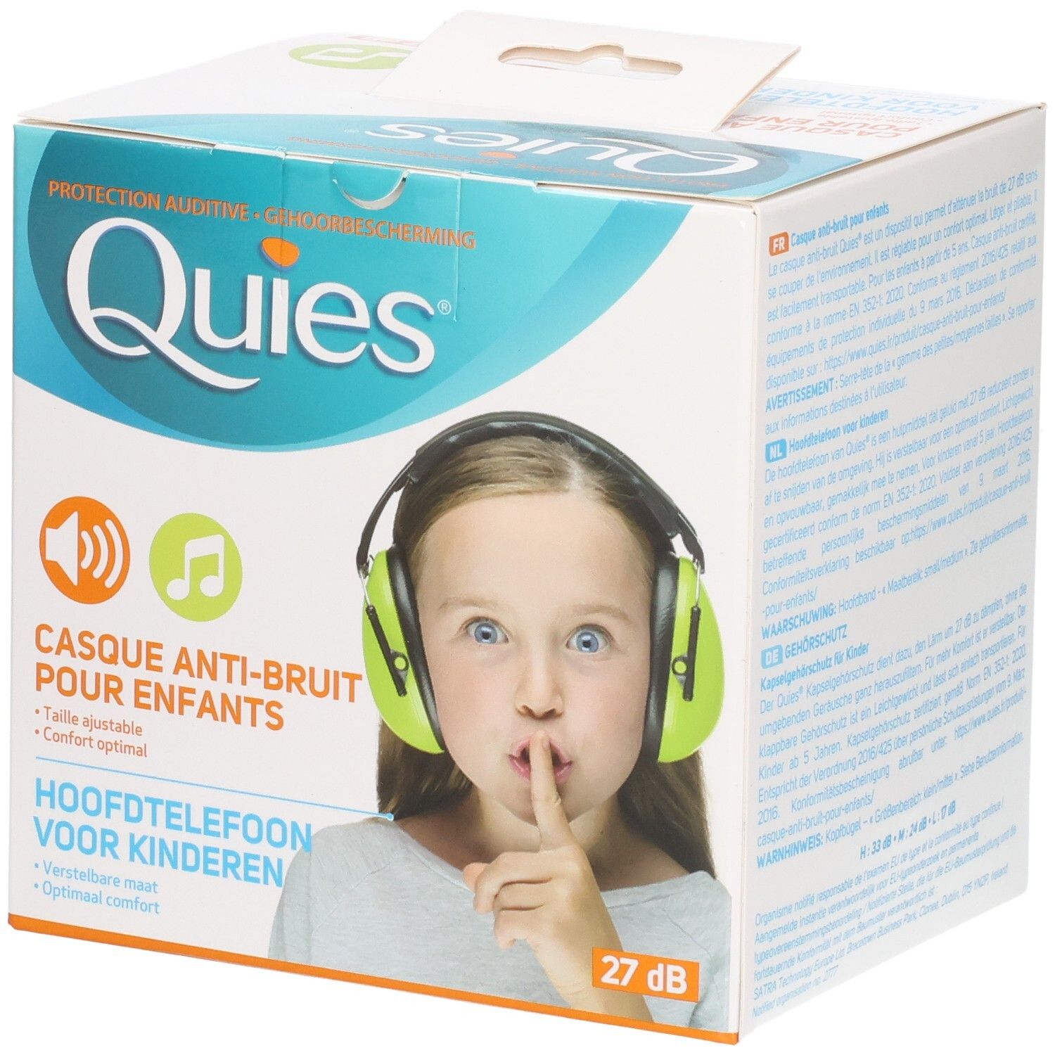 Casque anti-bruit QUIES pour enfants: écouteurs verts, ajustable, protection 27 dB. Boîte montrant une fille avec casque.