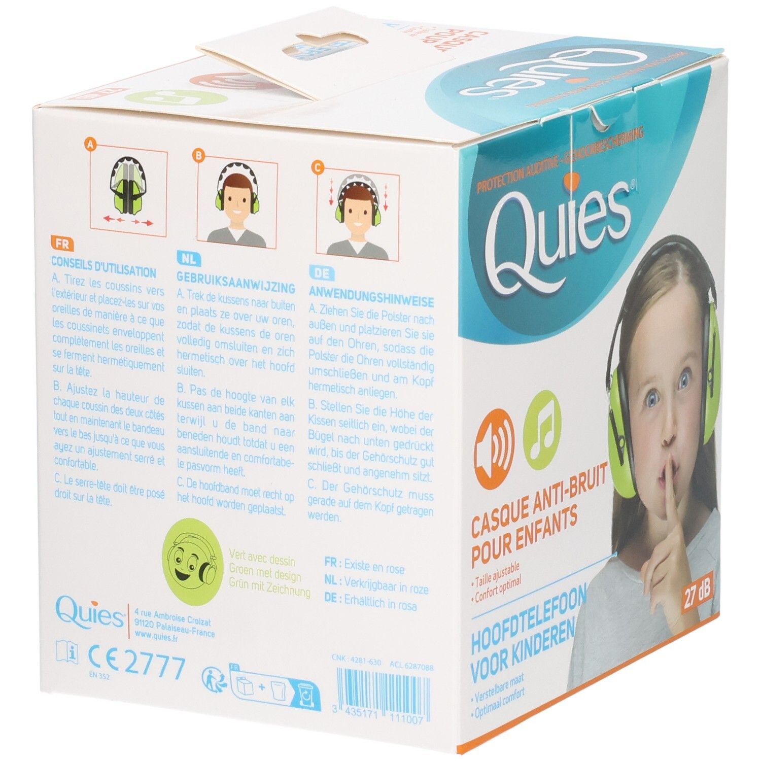 Casque anti-bruit QUIES pour enfants: instructions d'utilisation sur la boîte. Écouteurs verts, protection 27 dB.