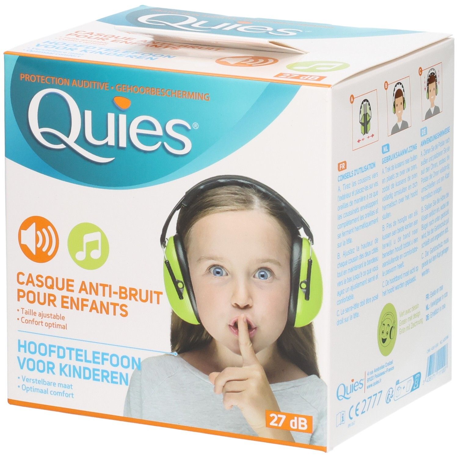 Casque anti-bruit QUIES pour enfants: écouteurs verts, ajustable, protection 27 dB. Boîte montrant une fille avec casque.