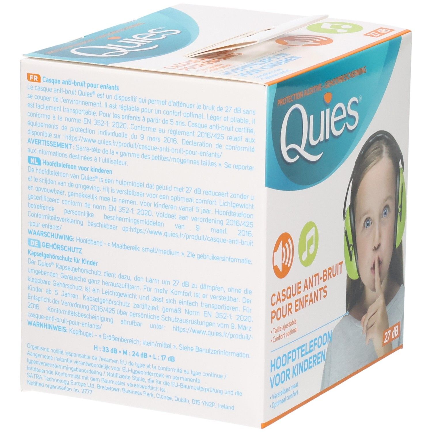 Casque anti-bruit QUIES pour enfants: boîte avec informations détaillées et instructions. Écouteurs verts.