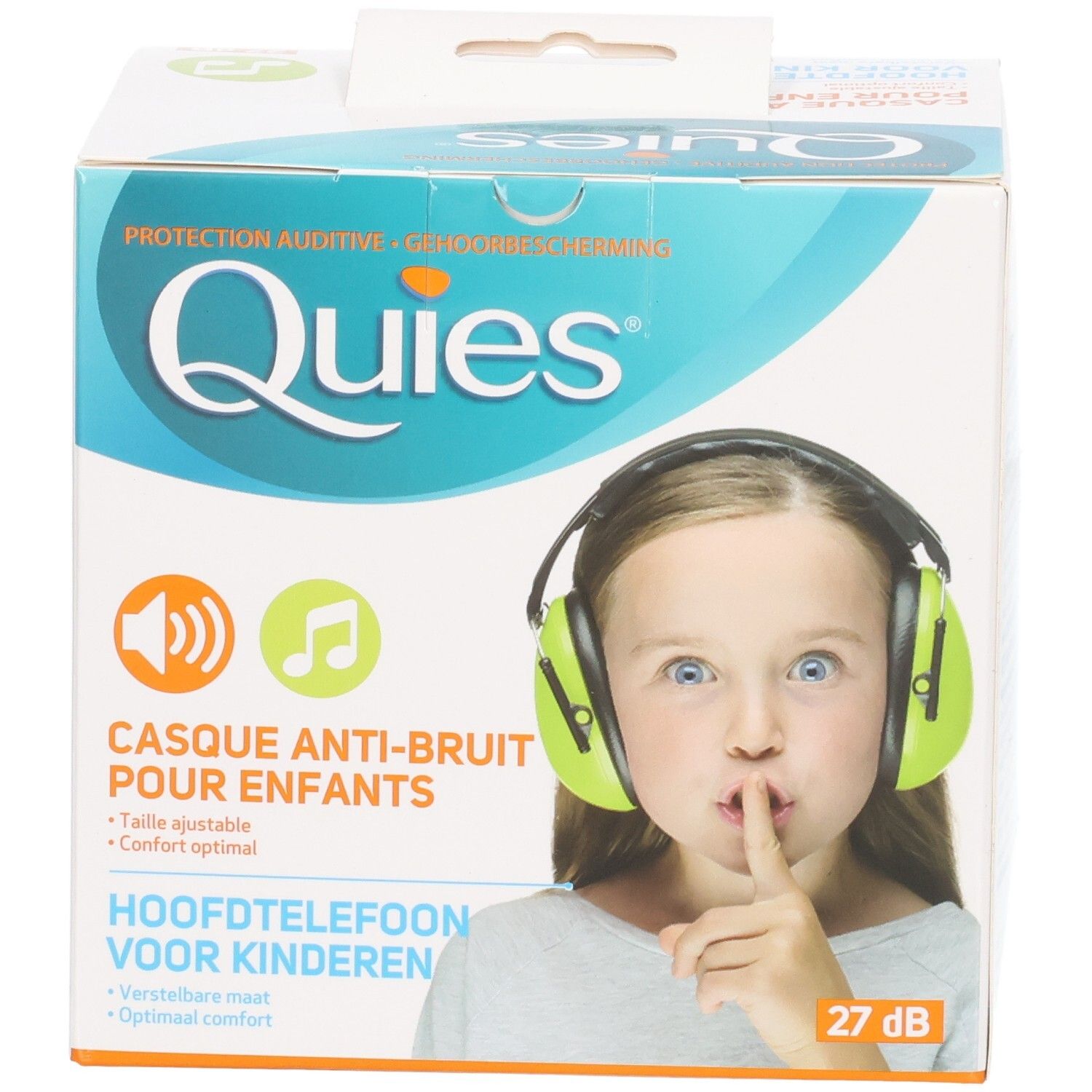 Casque anti-bruit QUIES pour enfants: écouteurs verts, ajustable, protection 27 dB. Boîte montrant une fille avec casque.