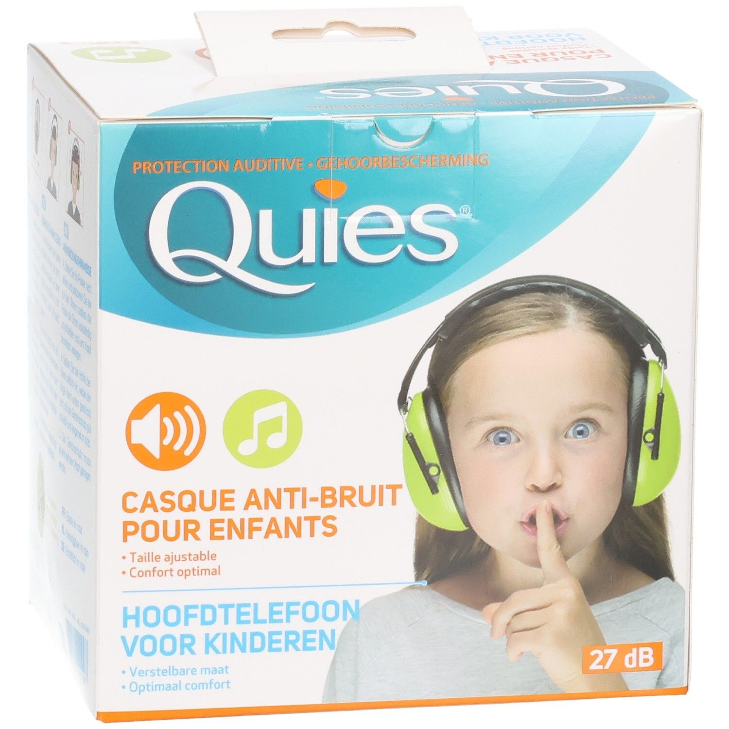 Casque anti-bruit QUIES pour enfants: écouteurs verts, ajustable, protection 27 dB. Boîte montrant une fille avec casque.