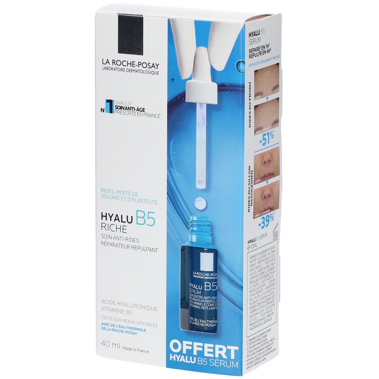 Coffret HYALU B5. Sérum et crème. Inscription: HYALU B5, anti-rides, réparateur. Contient acide hyaluronique et vitamine B5. 40 ml.
