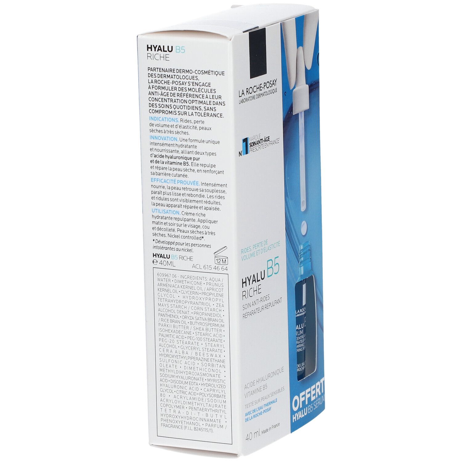 Boîte HYALU B5. Texte: La Roche-Posay. Ingrédients et instructions d'utilisation. 40 ml. Avec image du produit.