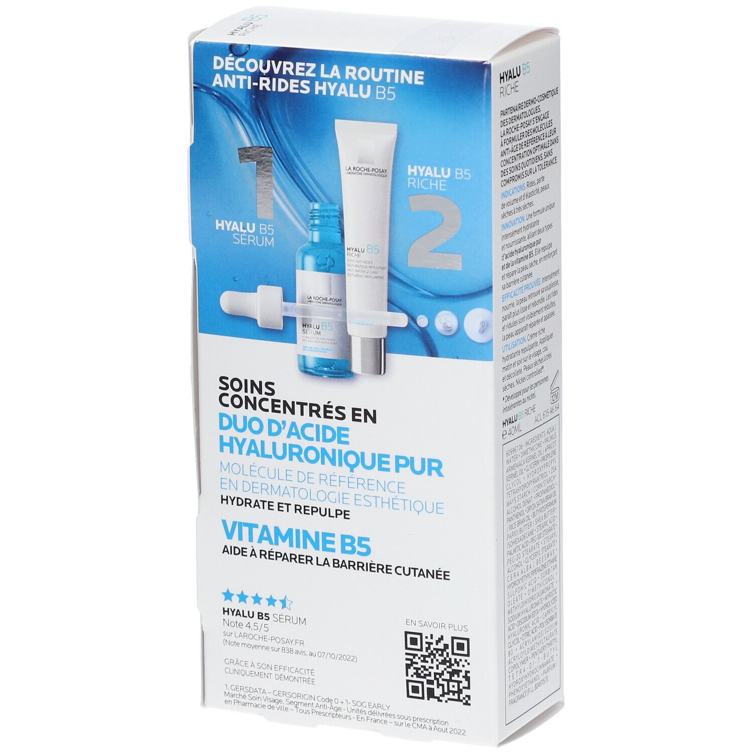 Coffret HYALU B5. Sérum et crème. Inscription: HYALU B5, anti-rides. Contient acide hyaluronique et vitamine B5. Code QR.
