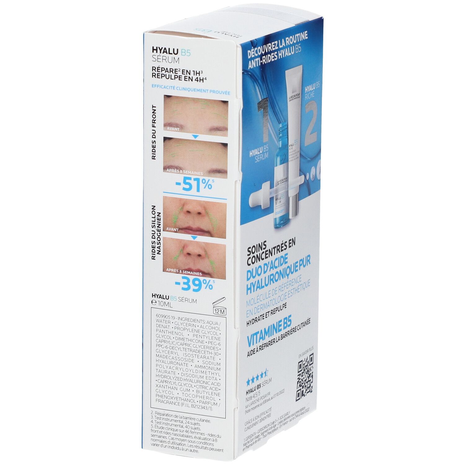 Coffret HYALU B5. Routine anti-rides. Contient acide hyaluronique et vitamine B5. Effet avant-après. Texte: HYALU B5 Sérum.