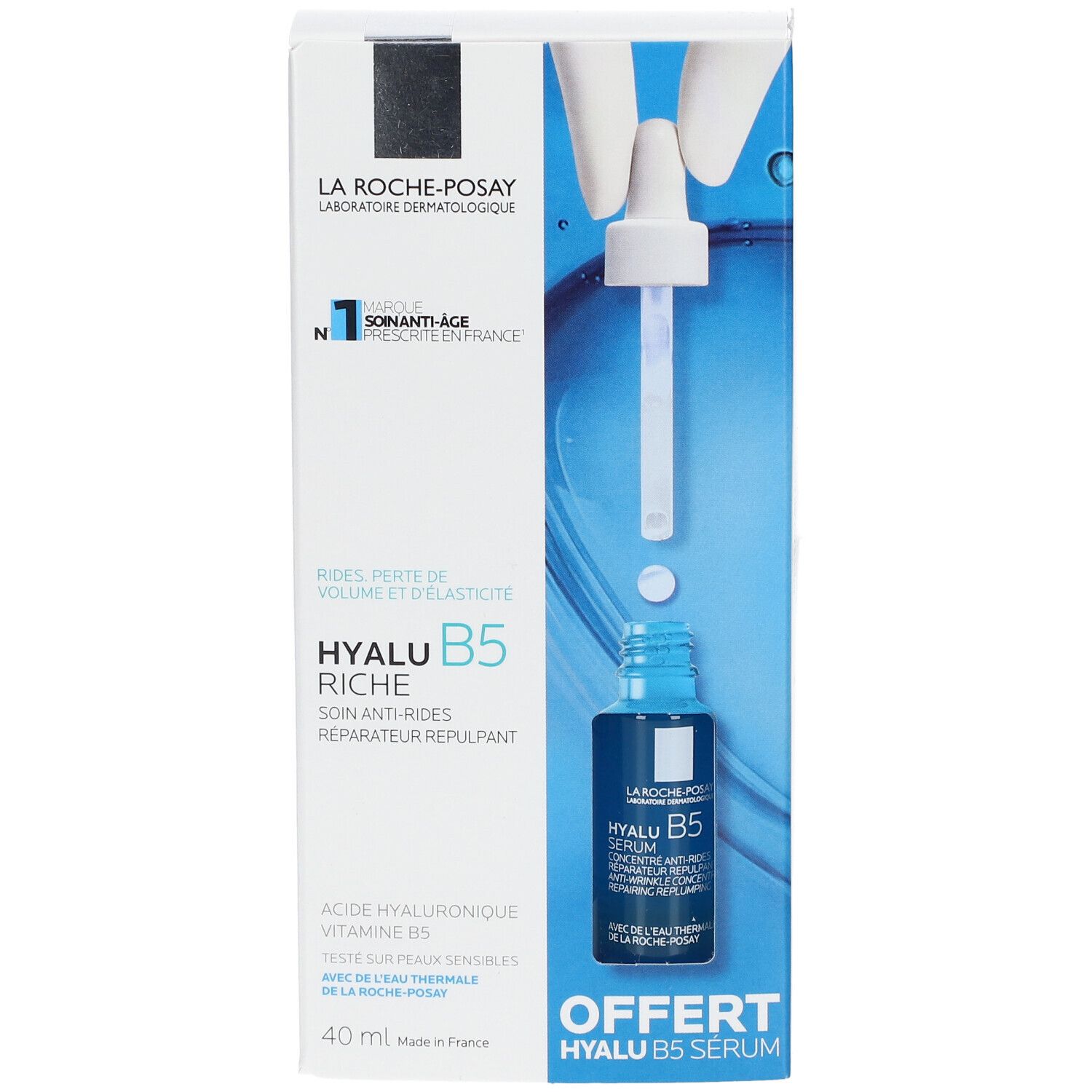 Coffret HYALU B5. Sérum et crème. Inscription: HYALU B5, anti-rides, réparateur. Contient acide hyaluronique et vitamine B5. 40 ml.